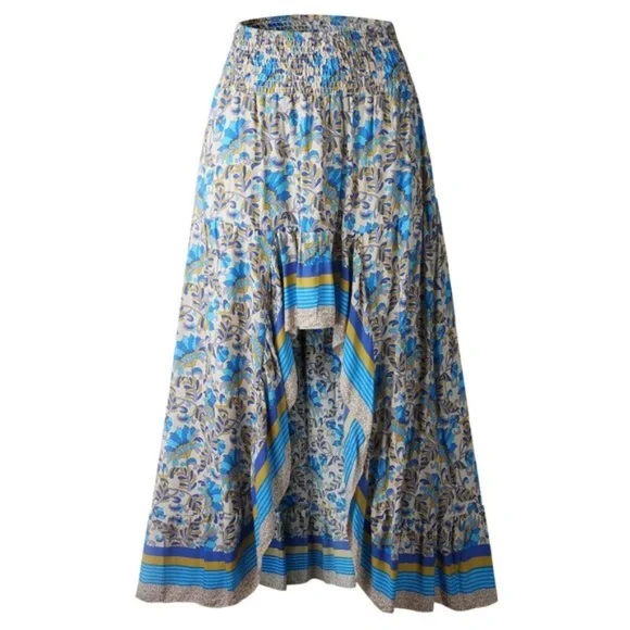 Bohemian gypsy Blue high low Floral Ruffle Maxi Skirt - Picture 6 of 11